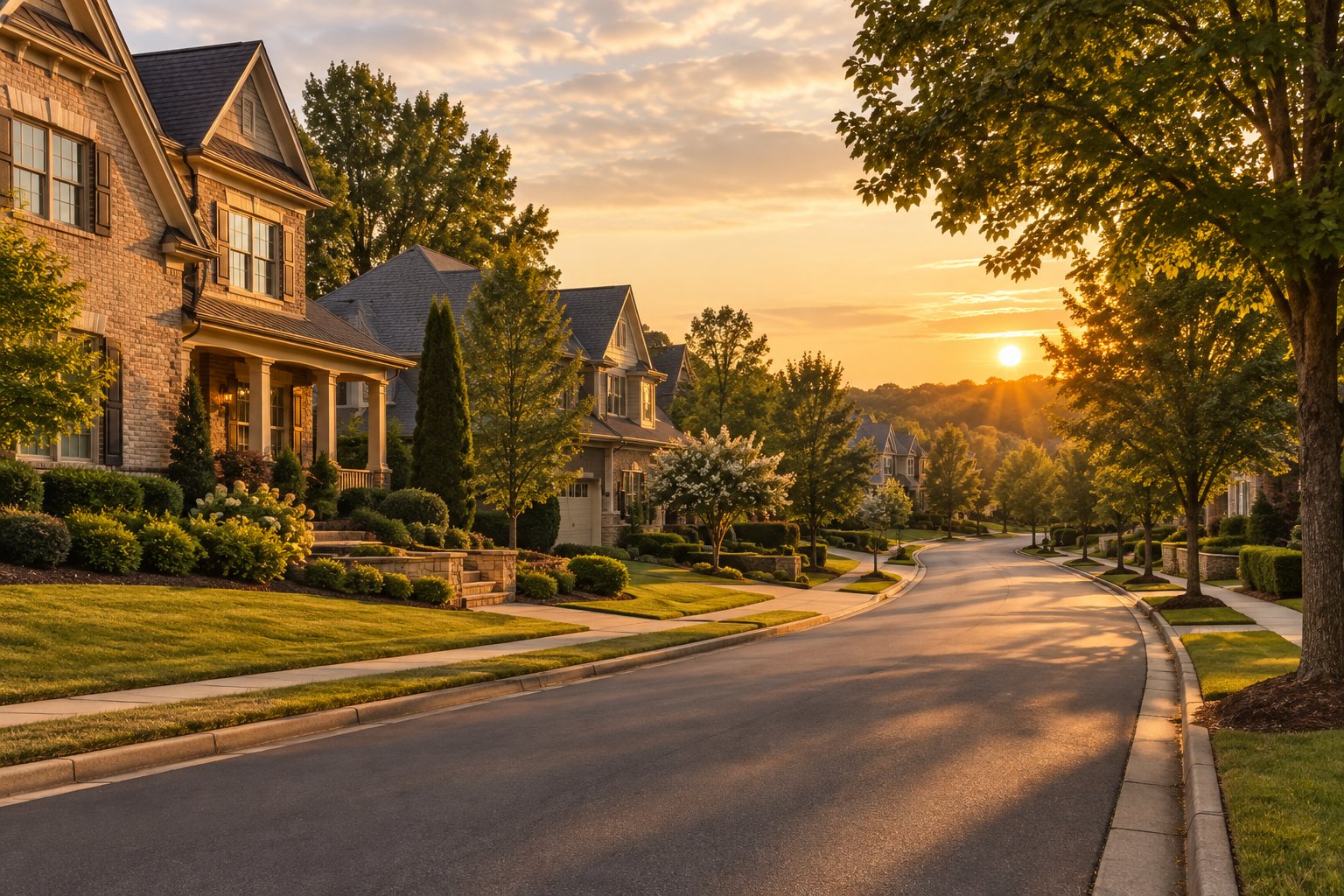 A Duluth, Georgia residential street at golden hour, illustrative