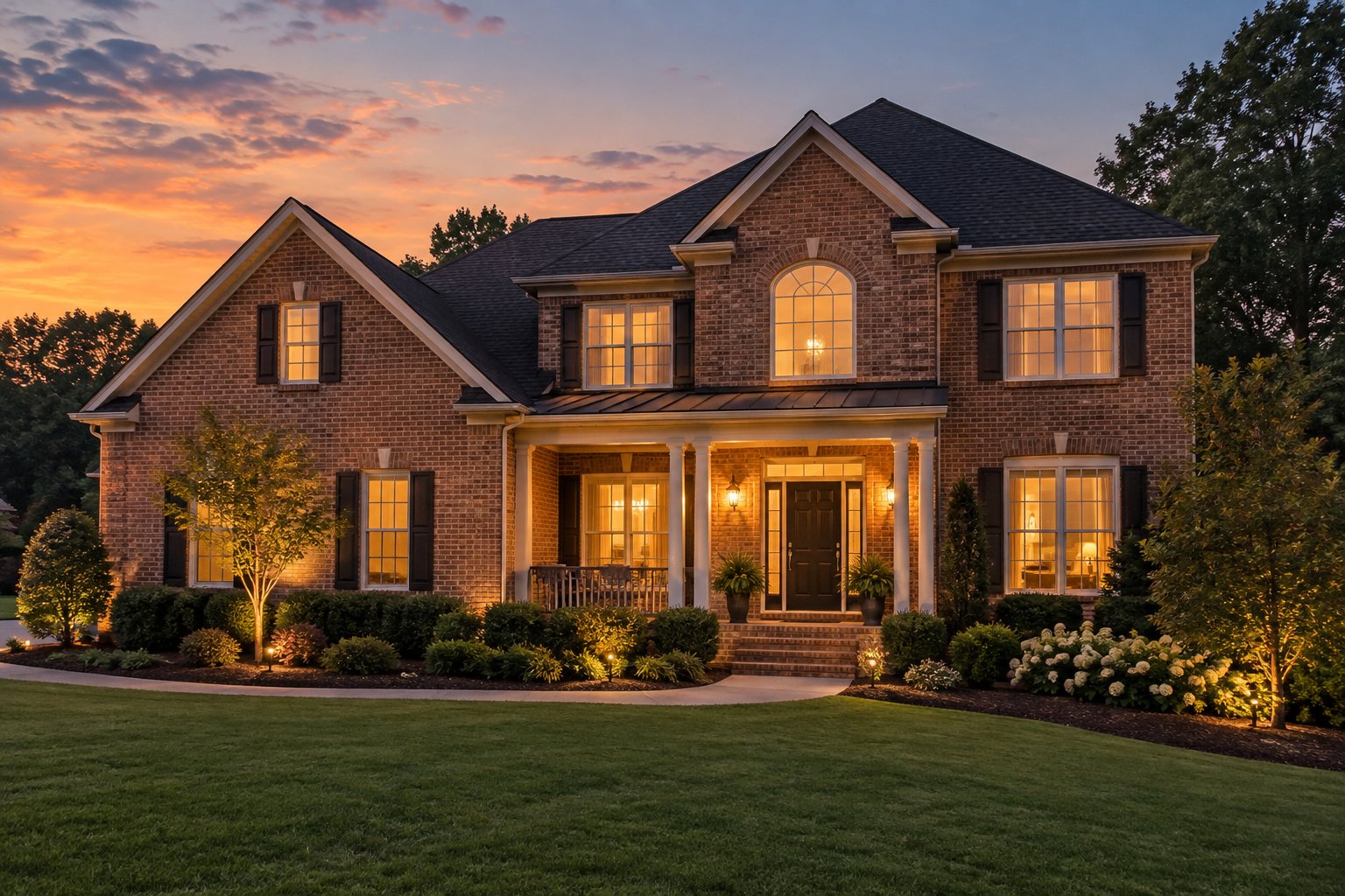 A Georgia home exterior at dusk, illustrative