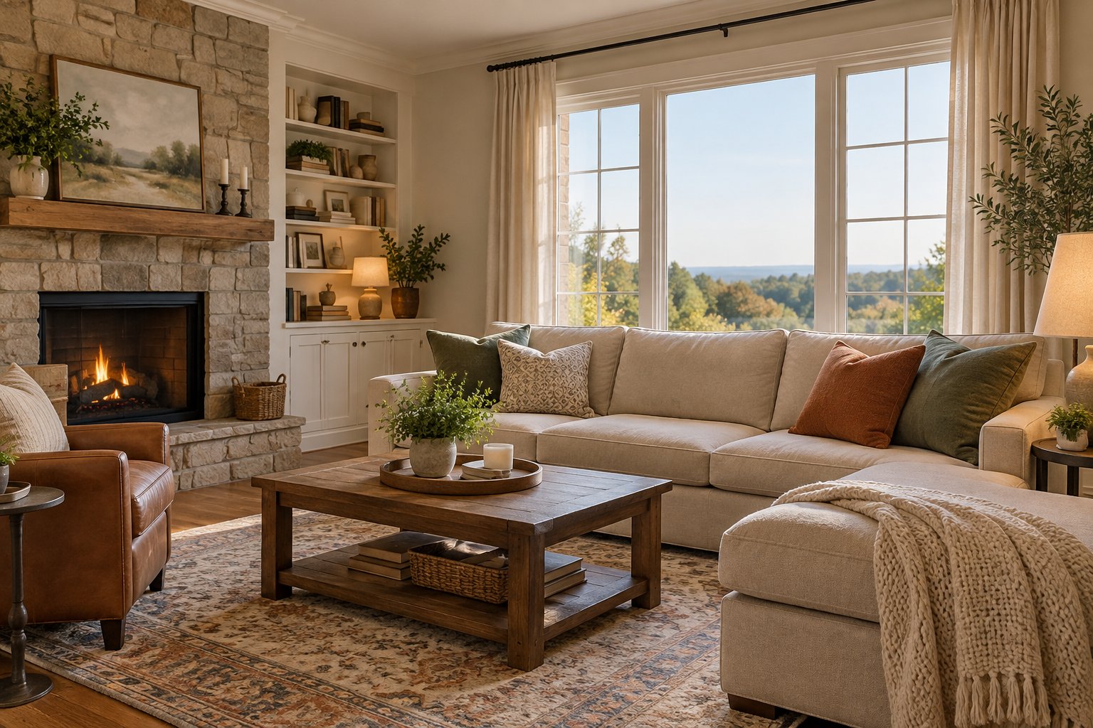 A cozy Georgia living room, illustrative